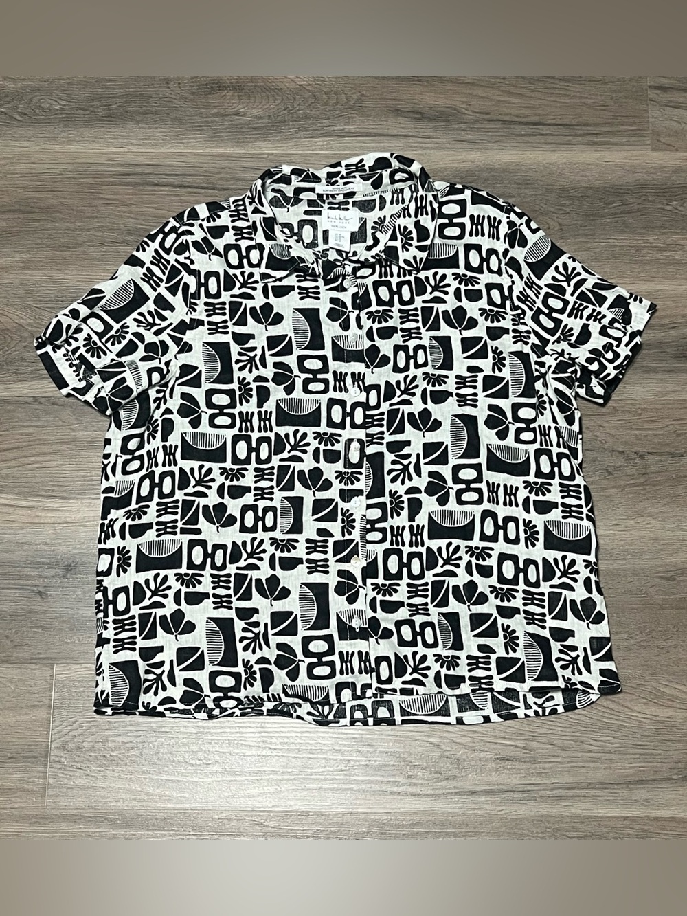 Nicole Miller Medium Button Up Shirt Black White 100% European Grown Flax Linen